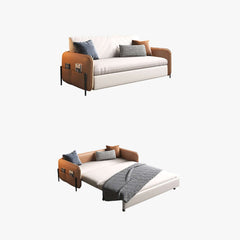 Convertible sofa bed with storage pocket in brown and white leathaire