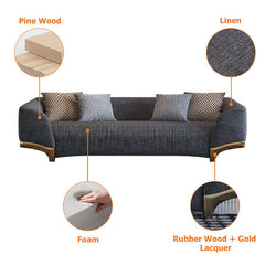 Modern 87 inch gray sofa with cotton and linen upholstery, three-seat sofa with gold legs