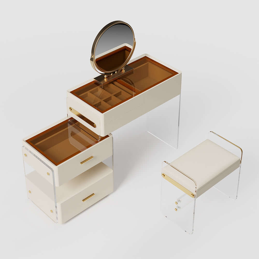 Elegant white makeup vanity with acrylic stool, drawers, and extendable mirror