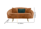 Modern pink velvet sofa with curved design, gold metal frame, and toss pillow, 63 inch length