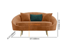 Modern pink velvet sofa with curved design, gold metal frame, and toss pillow, 63 inch length