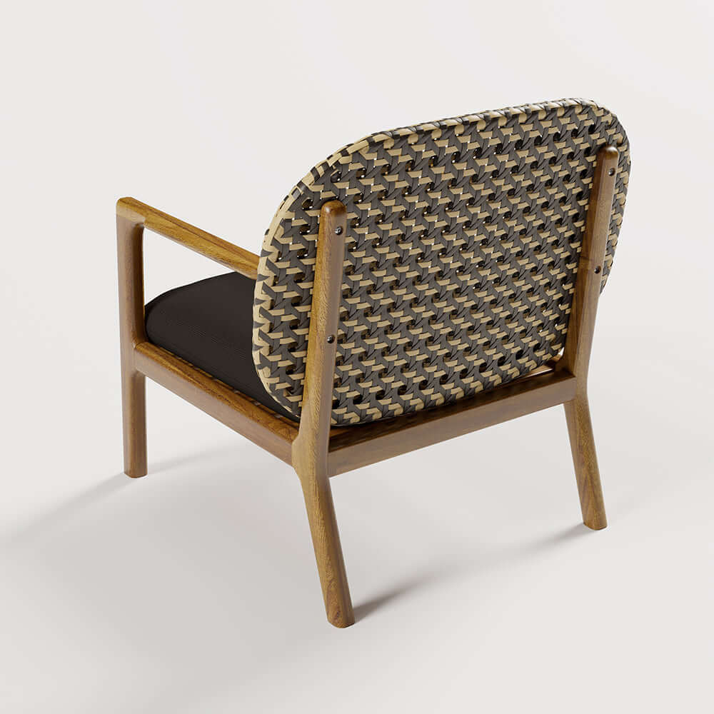 Teak and rattan 3-piece outdoor sofa set with natural wood rocking chair and cushions