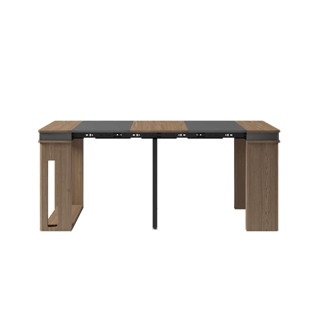 Contemporary walnut and gray dining set with extendable table, 4 chairs, and stylish storage sideboard