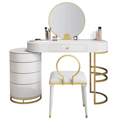 Fashionable blue makeup vanity set with side cabinet, extendable dressing table mirror & chair