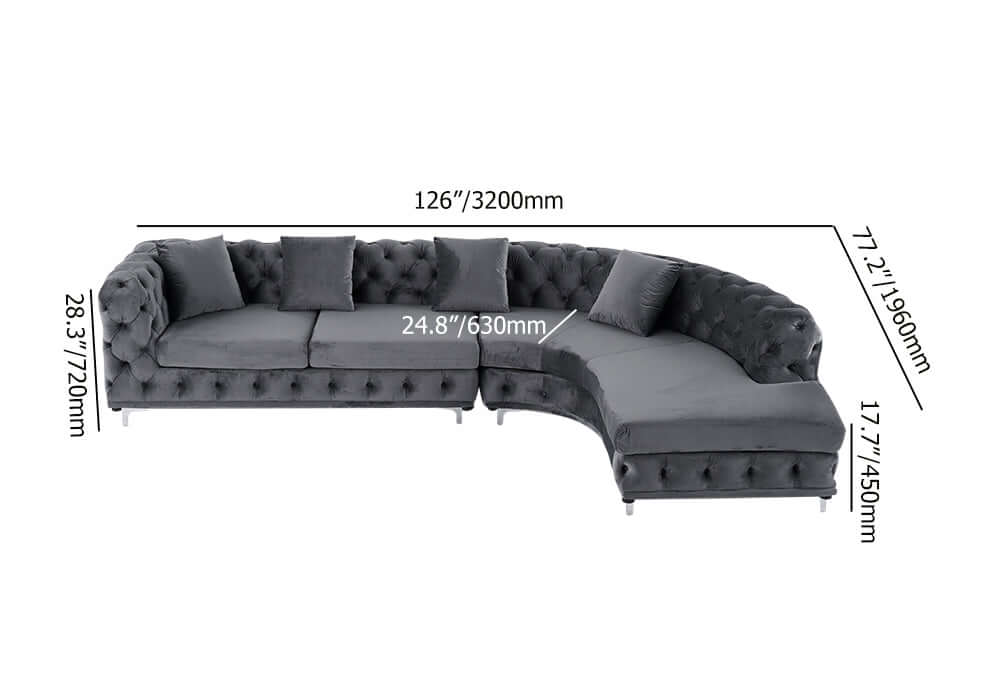 LShaped curved gray velvet sectional sofa with elegant chesterfield design
