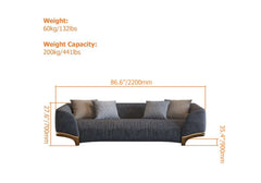 Chic 87 inch gray sofa with plush pillows, three-seat cotton and linen upholstered sofa with gold legs