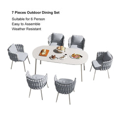 7 Pieces Outdoor Dining Set with Oval Faux Marble Top Table and Rope Woven Armchair for Elegant Outdoor Dining Experience