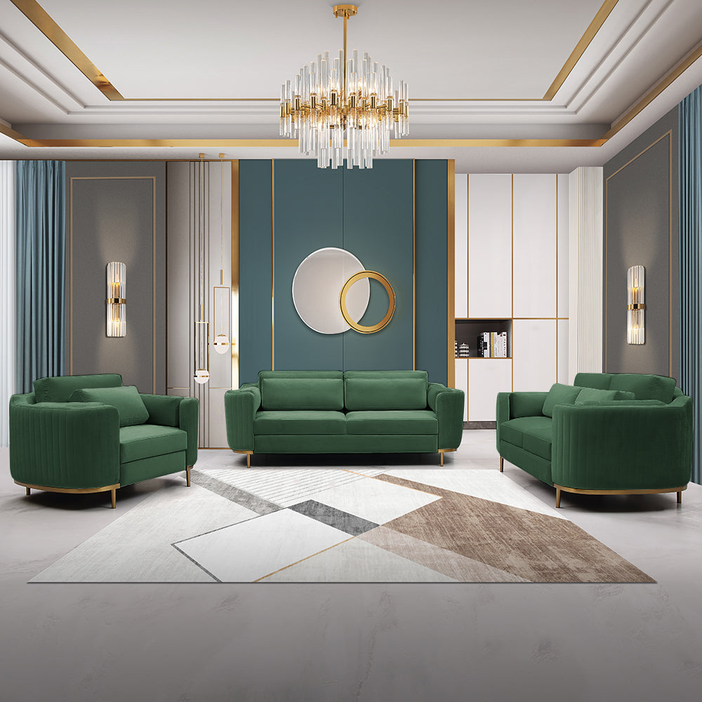 Modern Living Room Sets Green Velvet Upholstered Chair & Loveseat & Sofa 3 Pieces