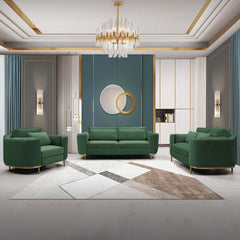 Modern green velvet upholstered living room furniture set with chair, loveseat, and sofa