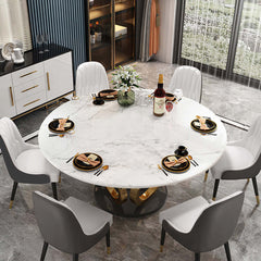 Contemporary round dining table with 6 chairs in white and gray for stylish dining area