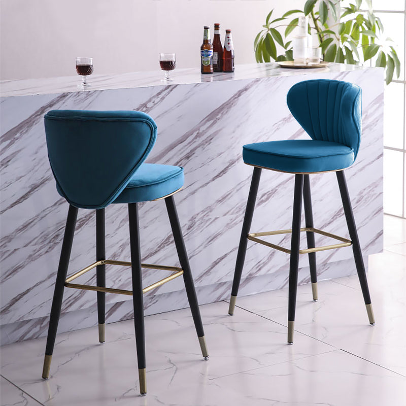 Modern Counter Height Blue Velvet Bar Stools Upholstered with Back Set of 3