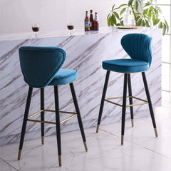 Elegant set of 3 counter height barstools in chic blue velvet upholstery