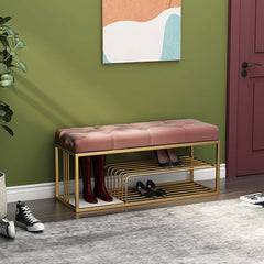 Velvet upholstered pink entryway bench with storage for bedroom or living room decor