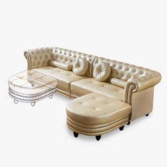 Stylish Champagne Faux Leather Sofa Set with Ottoman, 4 Seater Chesterfield