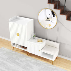 White shoe rack bench with storage cabinet and shelf - modern upholstered hallway organizer