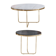 Modern 2-piece nesting coffee table set with black and white stone tops and gold bases for chic interior design