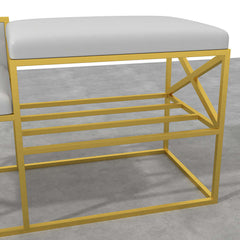 Sleek modern white upholstered entryway bench with gold legs