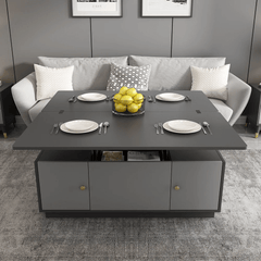 Modern gray TV stand and coffee table set with extendable feature