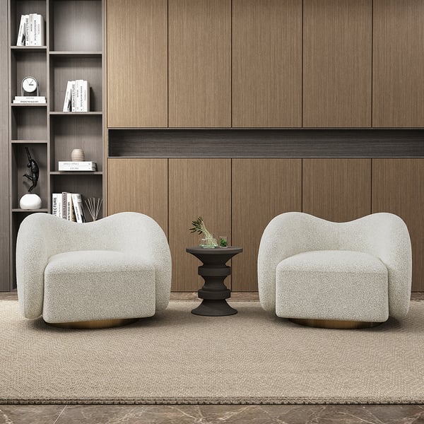 White swivel accent chair with cloud boucle fabric, modern lounge seating for living room