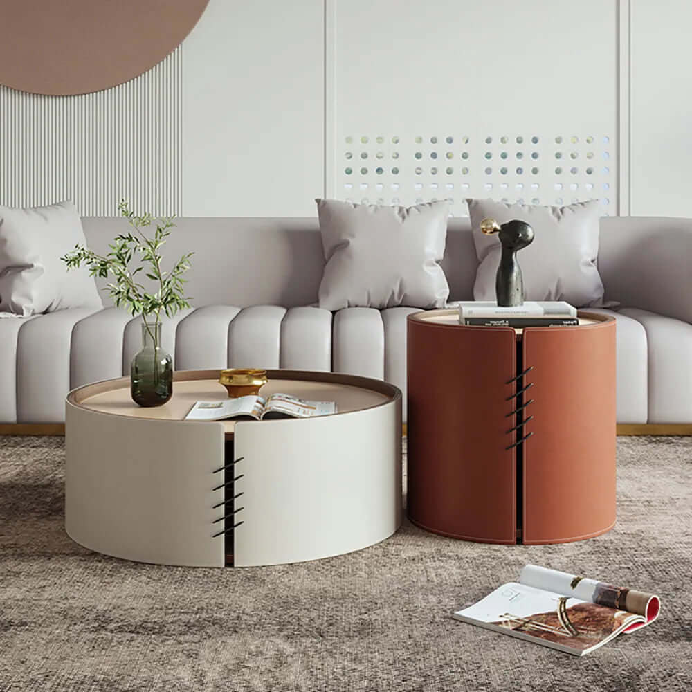 Modern round coffee table set with saddle leather upholstery and plywood construction Hauptbild