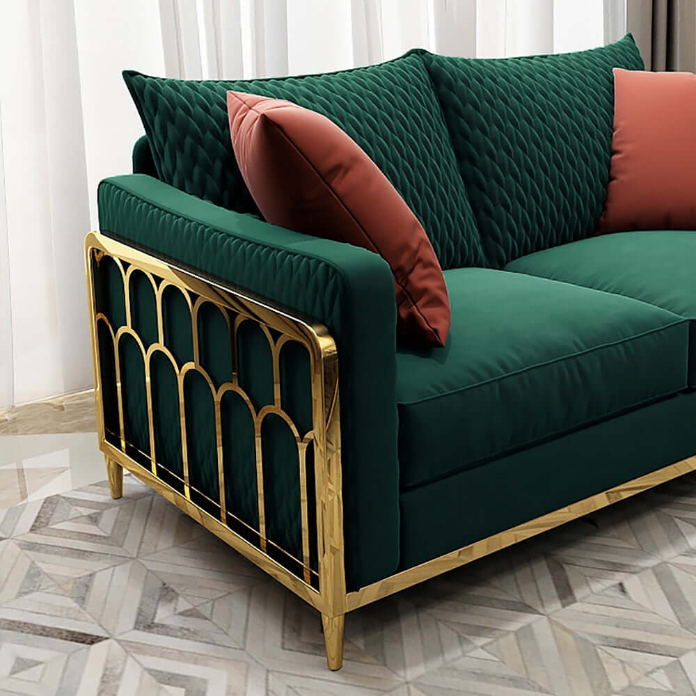 84.6-inch green velvet 3-seater sofa with solid wood frame and gold legs