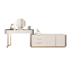 Contemporary offwhite makeup vanity set with ample storage and built-in TV stand