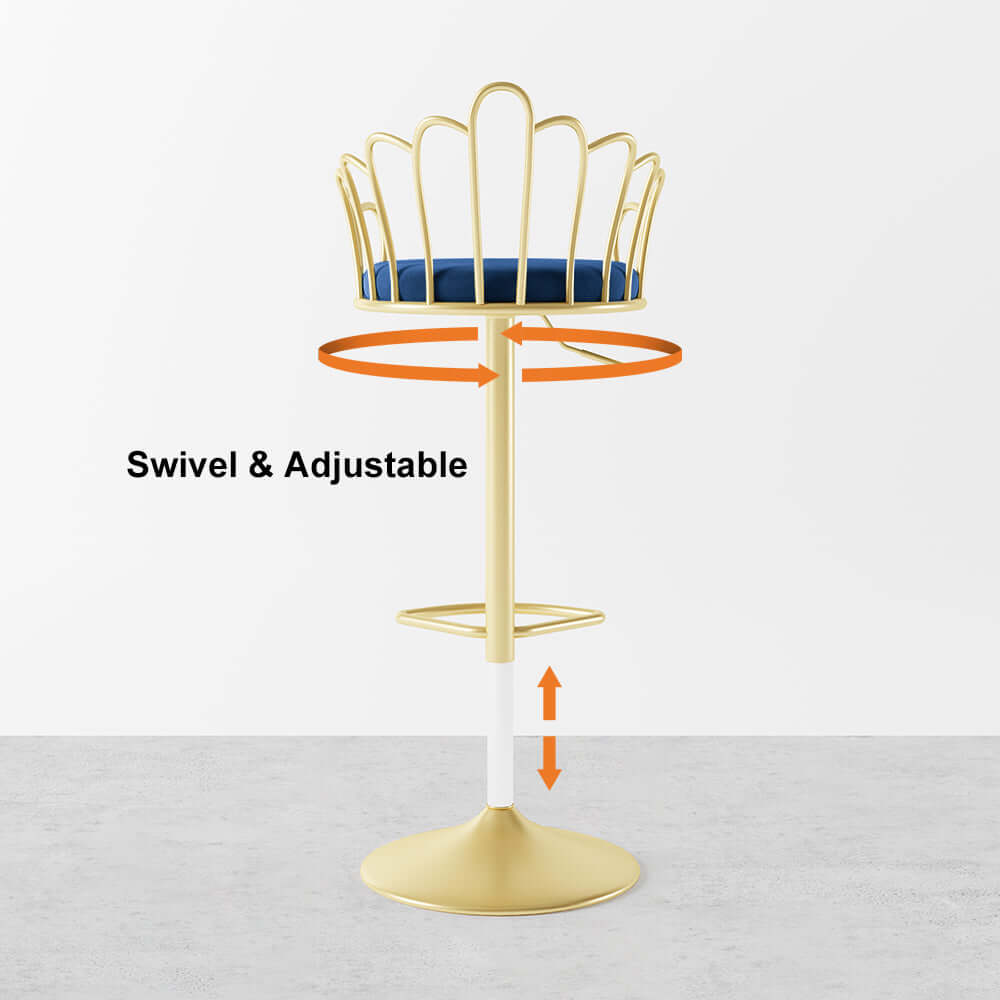 2-Piece Blue Velvet Kitchen Island Counter Height Bar Stools with Swivel Function and Back Support