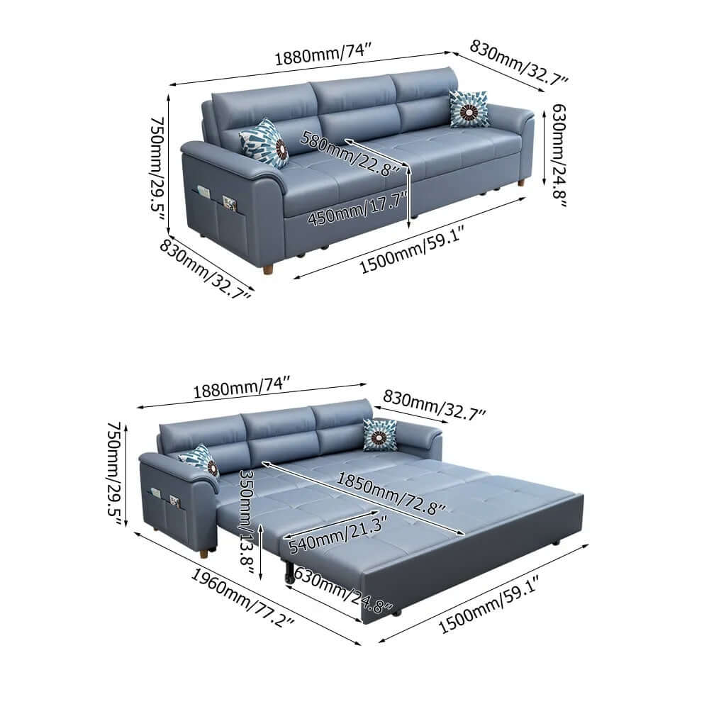 Blue sofa bed with hidden storage and pockets to maximize living space