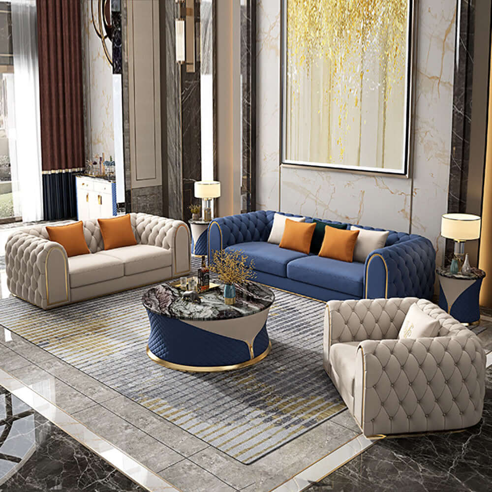 3Piece Blue & Beige Luxury Velvet Upholstered Chesterfield Sofa Living Room Set