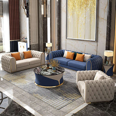 Blue and beige luxurious velvet upholstered chesterfield sofa set for living room