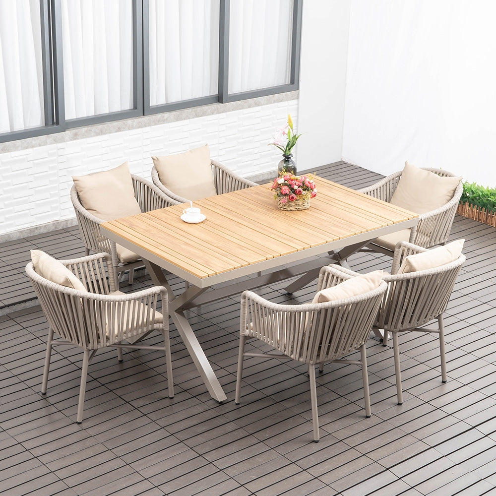 7 Pieces Outdoor Dining Set with WoodTop Table and Woven Rattan Armchair in Natural