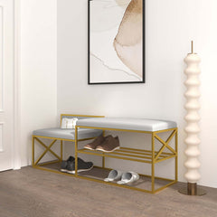 Modern white upholstered bench with gold legs for entryway decor