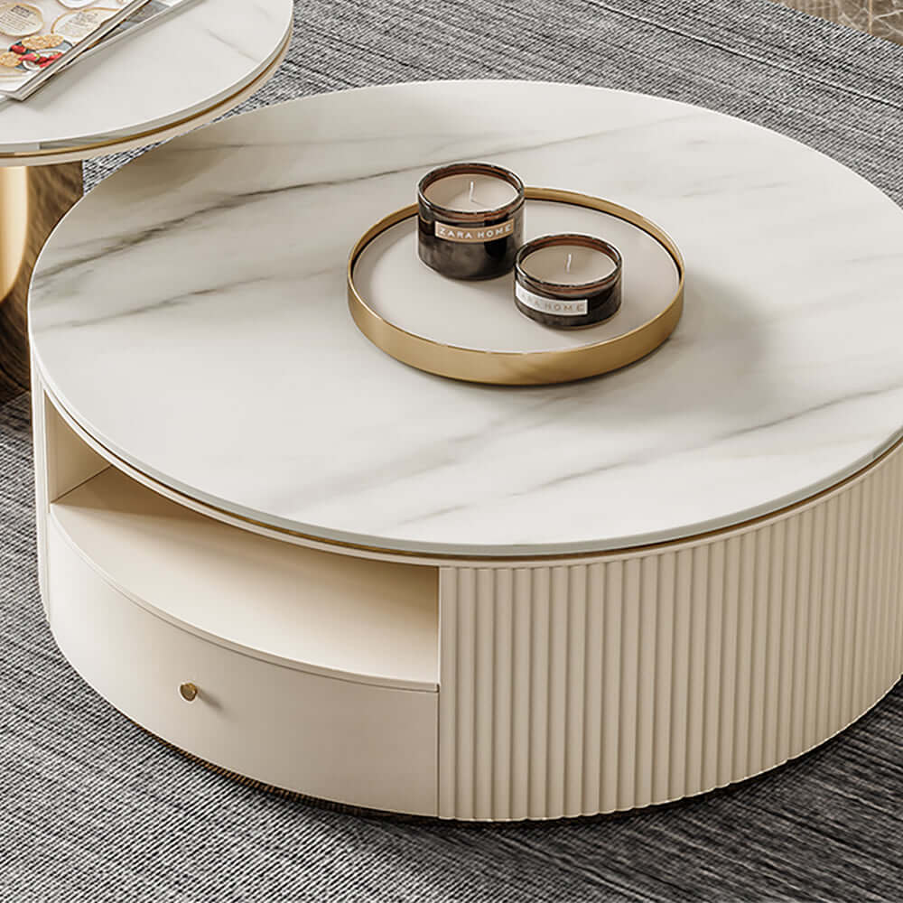 Modern round nesting coffee table with storage, set of 2 in white stone finish for chic living room decor