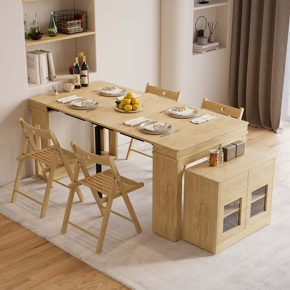 Contemporary walnut and gray dining set with extendable table, 4 chairs, and stylish storage sideboard