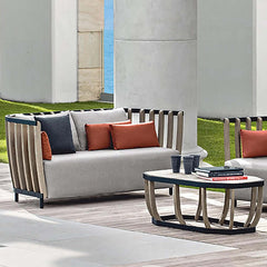 Contemporary 2-seater outdoor settee with sleek ash wood frame and plush cushioned backrest