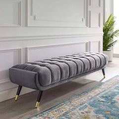 Modern gray bedroom bench with velvet upholstery and wooden legs