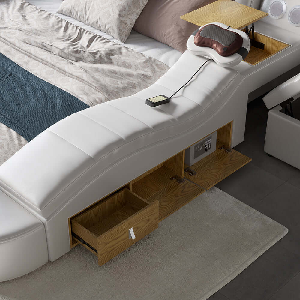 Contemporary White Smart Bed with Faux Leather and Speaker