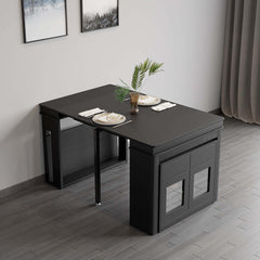 Modern extendable dining table with 4 chairs and rectangle storage sideboard in elegant walnut and gray finish