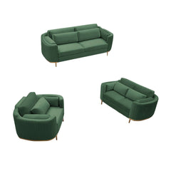 Elegant green velvet upholstered living room set consisting of chair, loveseat, and sofa