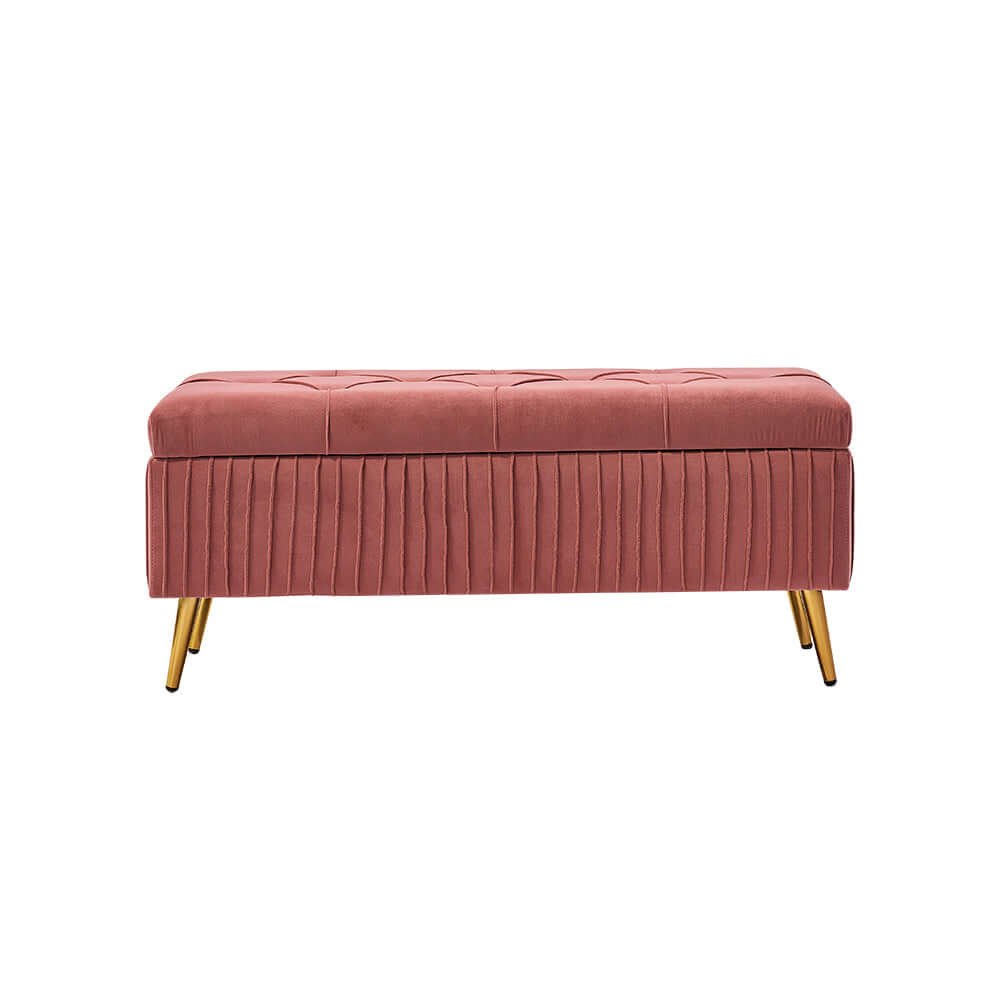 Contemporary flip top storage bench in gray velvet with gold legs