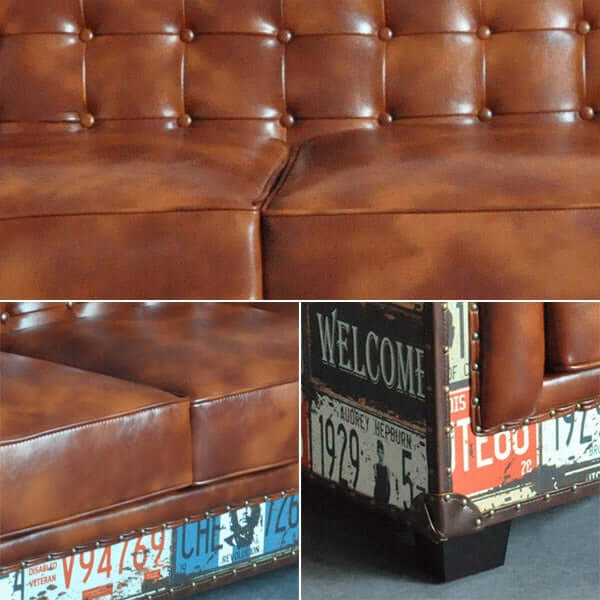 Industrial loft style brown faux leather upholstered 3-seater sofa