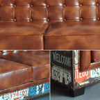 Industrial loft style brown faux leather upholstered 3-seater sofa