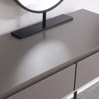 Stylish gray makeup vanity set with side cabinet and mirror for elegant bedroom decor
