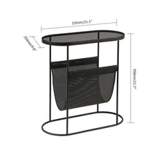 Metal accent side table with oval top and magazine storage