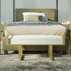 Contemporary gray upholstered bench with gold legs, great for modern bedroom and entryway decor