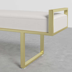 Modern bedroom bench in gray linen with gold legs upholstered ottoman for entryway decor