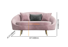 63 inch pink velvet curved sofa with gold metal frame and matching toss pillow, modern style