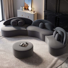 Contemporary 7-seat beige velvet upholstered sofa with round sectional design, ottoman, and pillows