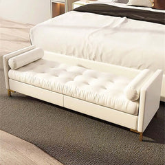 Luxurious white faux leather tufted bench ottoman with gold leg for entryway and bedroom