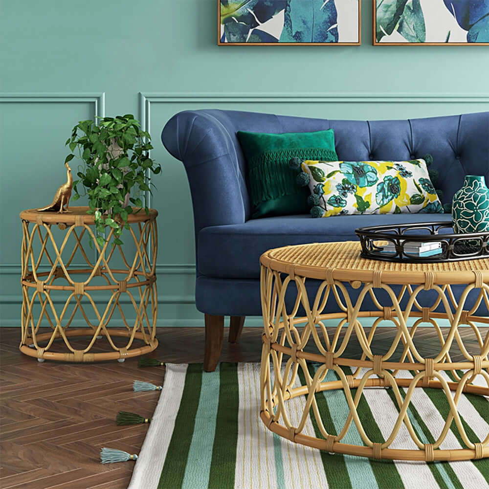 2-piece hand-woven rattan coffee table and side table set in boho style for living room